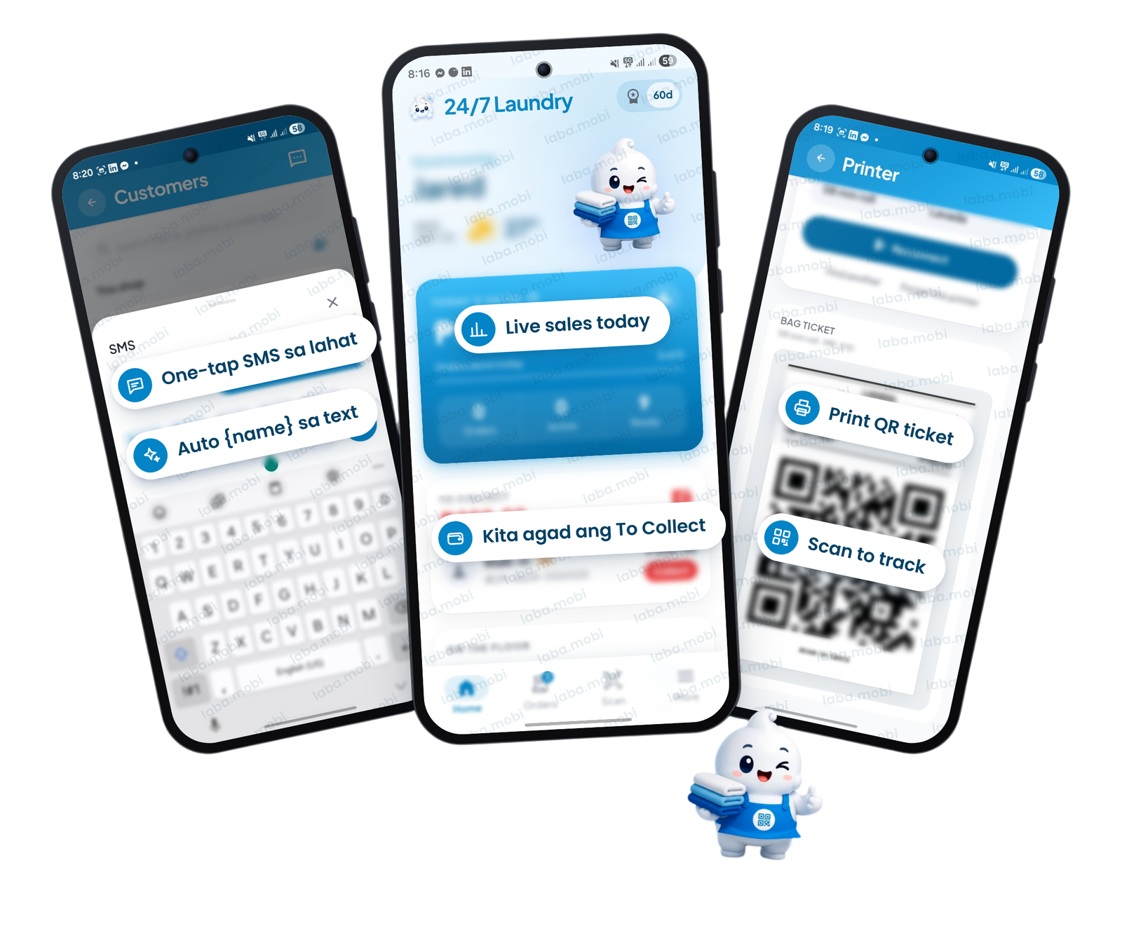 labamobi on three phones: customer SMS, live sales, and a QR ticket